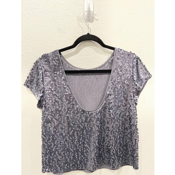 EXPRESS Grey Sequin Short Sleeve Blouse - Picture 3 of 3